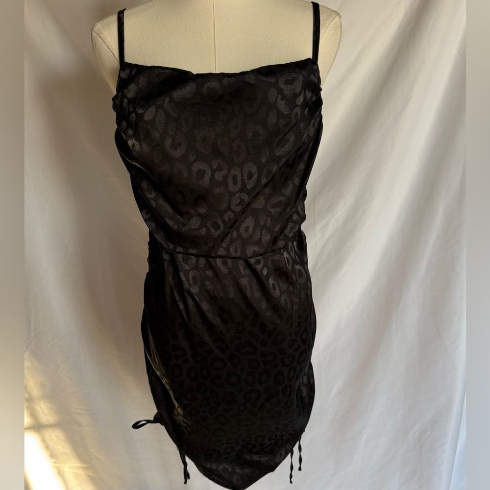Wild Fable Satin Leopard Print Ruched Black Mini Dress LBD - Size Medium - NWT